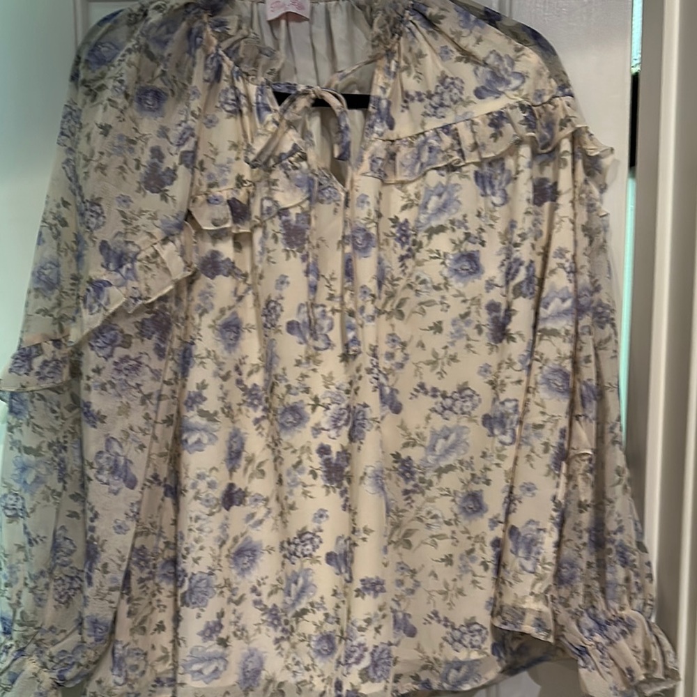 Pink Lily small Tan and Brown Ruffled Tie Front Blouse. Like new